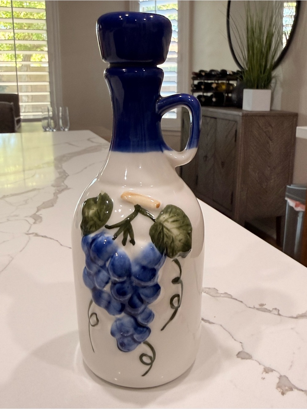 Vintage Cobalt Blue & White Ceramic Grape Decanter Cruet with Stopper